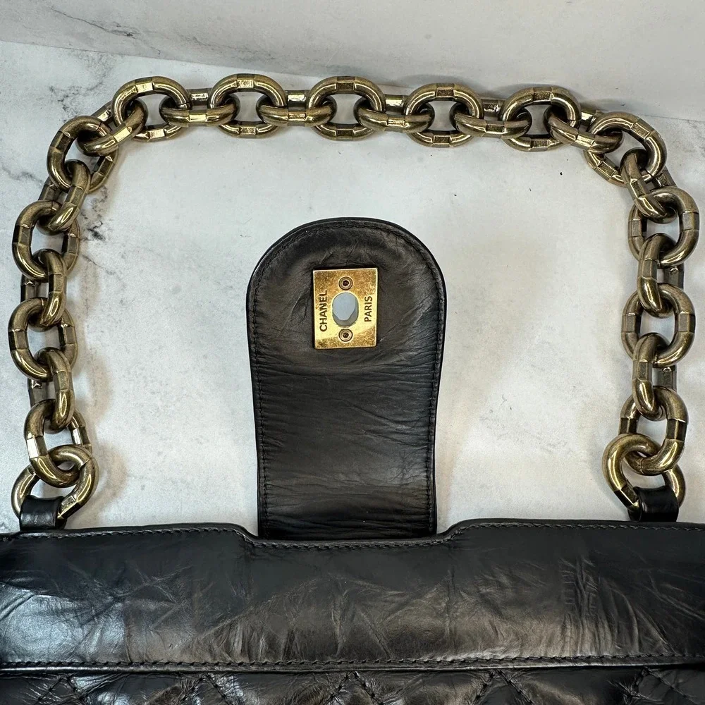 Chanel Frame Shoulder Bag CC Distressed Quilted Leather Black/Gold Thick Chain